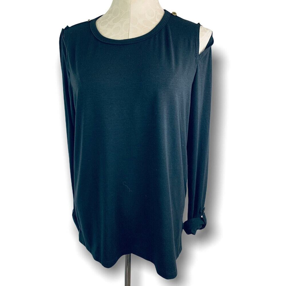 Large Ambermoon Womens Black Jersey Knit Top Cold‎ Shoulder Roll Tab Sleeves